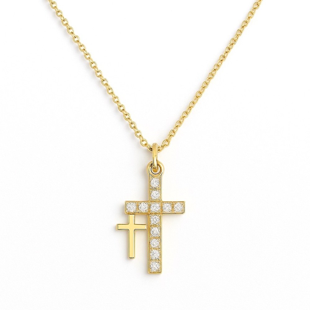 Dainty Gold Cross Necklace CZ Double Cross Pendant 18K GP Stainless Steel